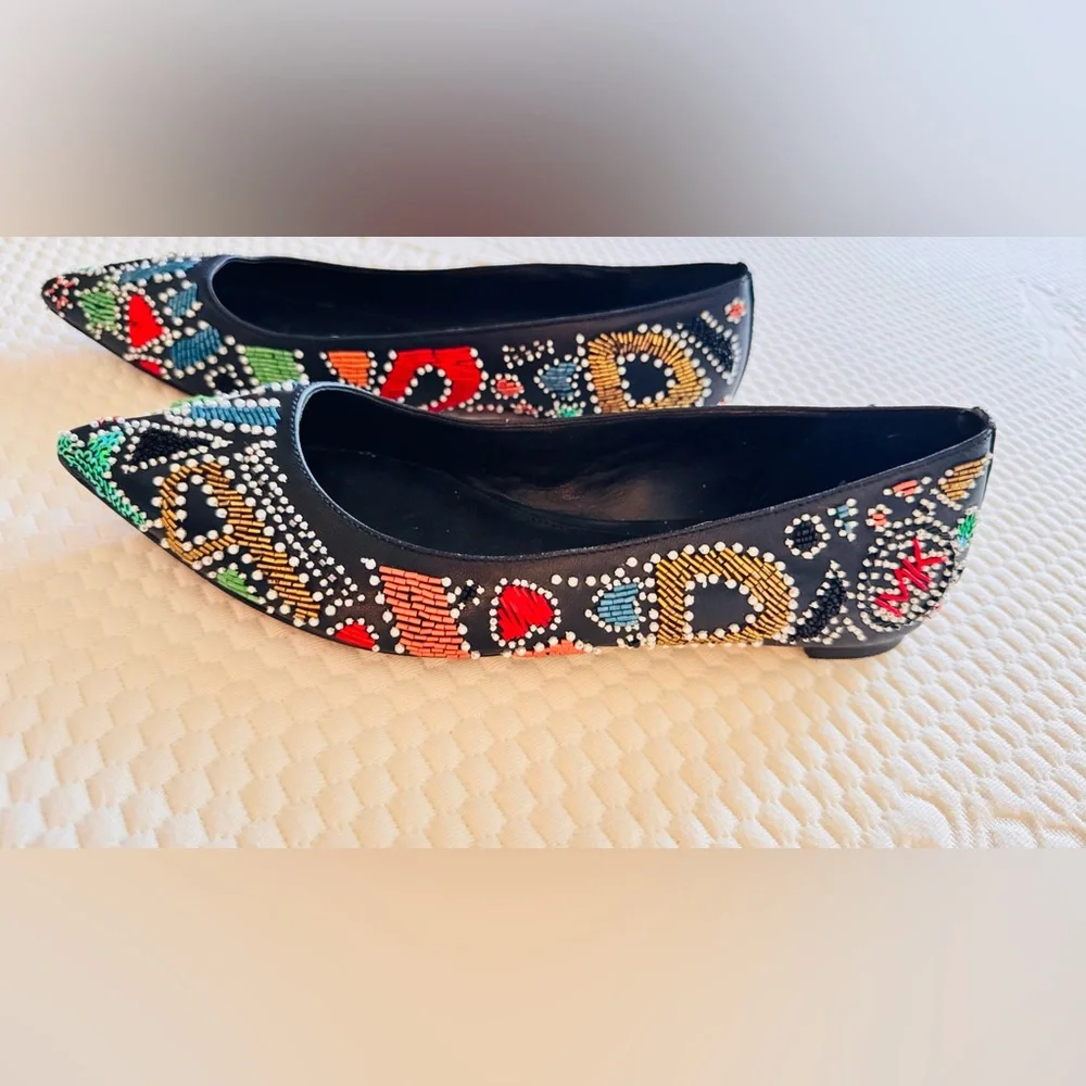 MICHAEL KORS MK Mila Party Colorful Beaded Black Leather Pointed Toe Flats